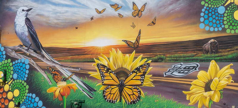 Route 66 mural in Yukon, Oklahoma featuring Monarch Butterfly and Scissor-Tailed Flycatcher