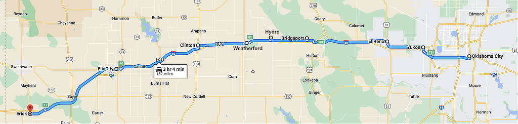 Map of Historic Route 66 in Oklahoma showing the location of Weatherford