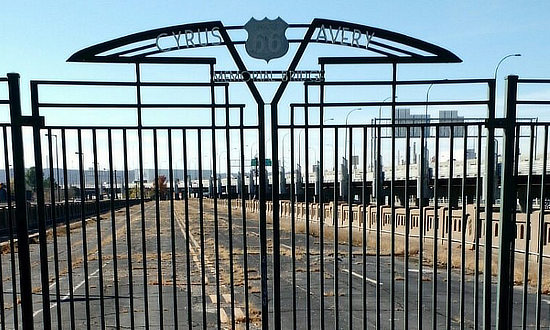 The locked gate at the Cyrus Avery Route 66 Memorial Bridge in Tulsa, Oklahoma