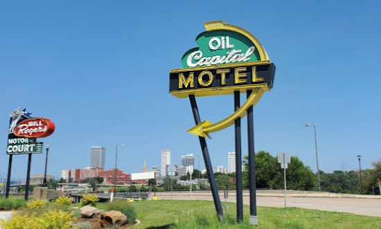 Oil Capital Motel sign at the Cyrus Avery Southwest Plaza on the Arkansas River in Tulsa, Oklahoma