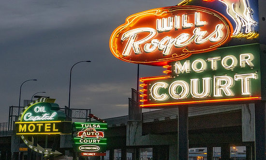 Will Rogers Motor Court sign at the Cyrus Avery Southwest Plaza on the Arkansas River in Tulsa, Oklahoma