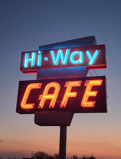 The neon sign at the Hi-Way Cafe on Route 66 in Vinita, Oklahoma