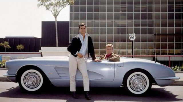 Buz and Tod next to their blue Corvette on the TV series "Route 66"