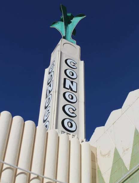 The Conoco tower against a brilliant blue Texas sky in Shamrock
