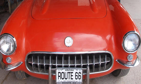 Red Chevrolet Corvette with Route 66 license plate