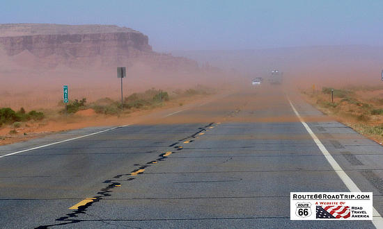Driving Route 66 in a dust storm out west