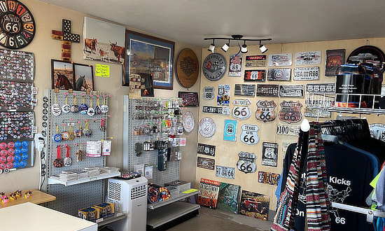 Inside the gift shop at Dream Maker Station on Route 66 in Adrian, Texas