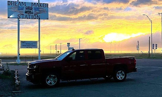 Brilliant sunset at Dream Maker Station Route 66 Souvenir & Gift Shop in Adrian, Texas