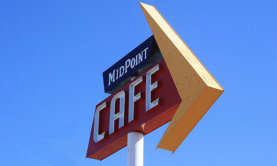 The classic sign at the  Midpoint Cafe and Gift Shop, Adrian, Texas, on Route 66
