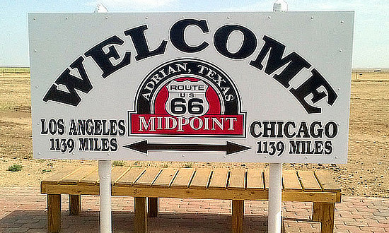Welcome to Adrian, Texas, the midpoint of Route 66, 1,139 miles to Los Angeles and Chicago