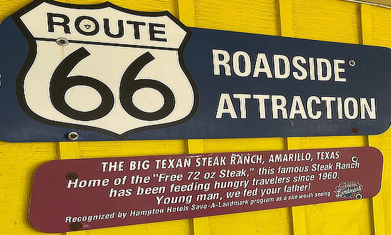 Route 66 Roadside Attraction: The Big Texan in Amarillo, home of the free 72-oz steak