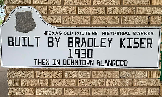 Historic marker at the Bradley Kiser Super “66” Service Station in Alanreed, Texas