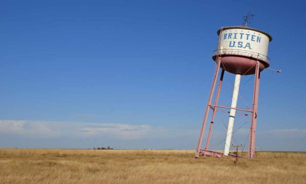 The leaning Britten USA water tower near Groom, Texas