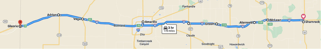 Map of the approximate route of U.S. Highway 66 across Texas from Shamrock to Glenrio