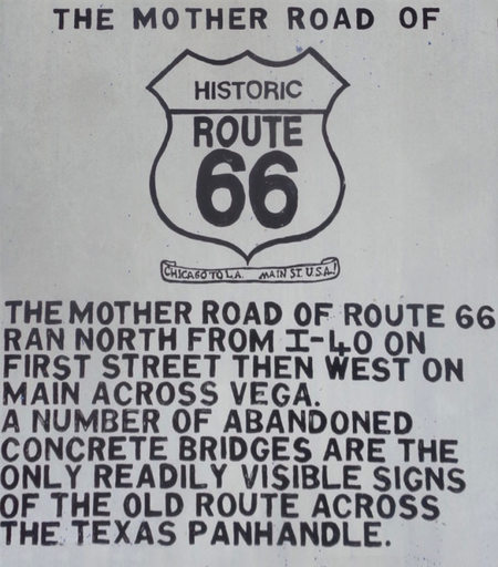Sign describing the location of Route 66 in Vega, Texas