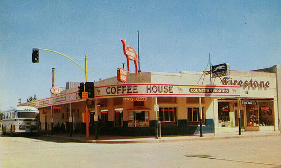 Campbell Coffee House in Holbrook, Arizona next door to Firestone Tire ... it was also a Greyhound Bus Line Station, at the southeast corner of Hopi Drive and Navajo Boulevard