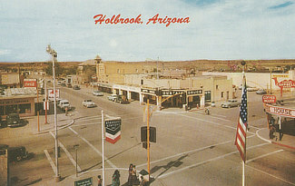 Downtown Holbrook, Arizona circa 1960s, at the corner of Hopi Drive and Navajo Boulevard. Campbell Coffee is in the bottom right-hand of the image, the southeast corner of the intersection.
