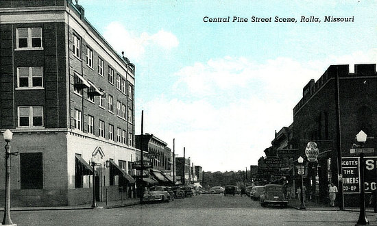 Pine Street, Route 66, in Rolla, Missouri, during the early years, with two-way traffic