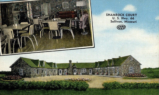 Vintage postcard of the Shamrock Court on U.S. Route 66 in Sullivan, Missouri