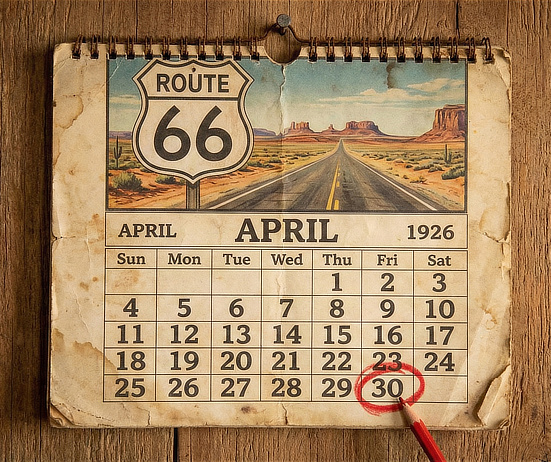 Route 66 wall calendar showing April 30, 1926, the date on which the Mother Road was designated as "66"