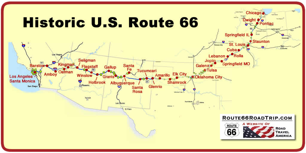 Historic U.S. Route 66 Map from start to finish, from Chicago, Illinois to Santa Monica, California