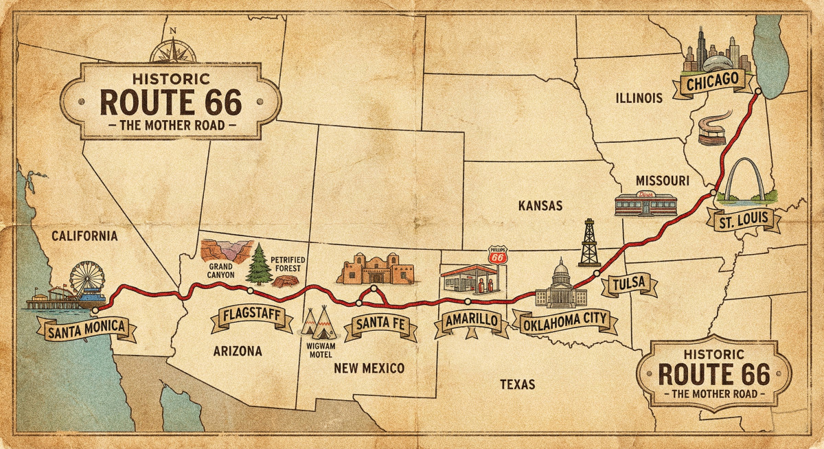 Vintage map of Historic U.S. Route 66 ... The Mother Road