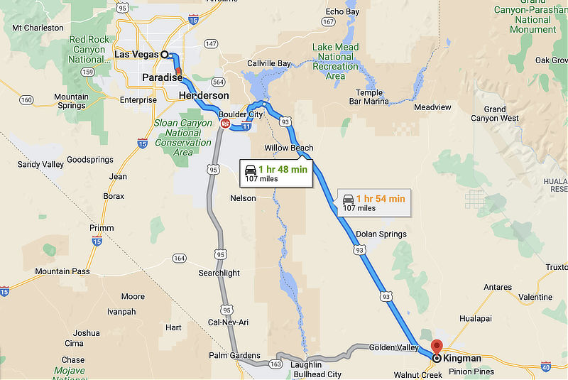 Map showing the directions from Historic Route 66 in Kingman, Arizona, to Las Vegas, Nevada