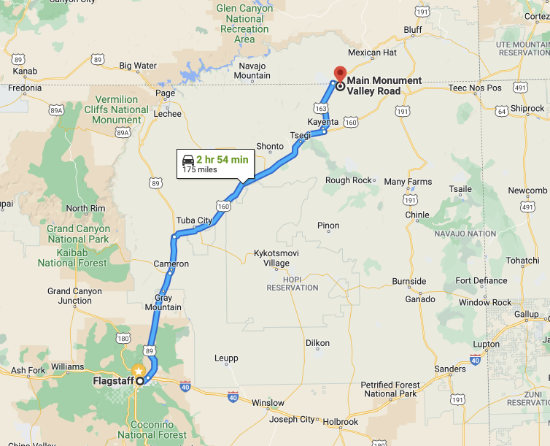 Map of a round-trip journey from Route 66 in Flagstaff to Monument Valley and back to Route 66