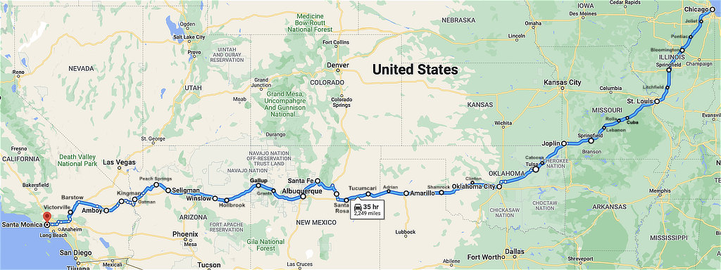 Map showing the approximate route of U.S. Highway 66 from start to finish, from Chicago to Los Angeles