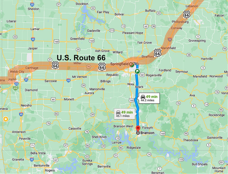 Map showing the directions from Historic Route 66 in Springfield, Missouri to the City of Branson