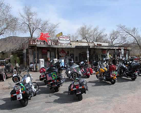 Motorcycle tour stopped at the Hackberry General Store on Route 66 between Seligman and Kingman, Arizona Motorcycle tour stopped at the Hackberry General Store on Route 66 between Seligman and Kingman, Arizona