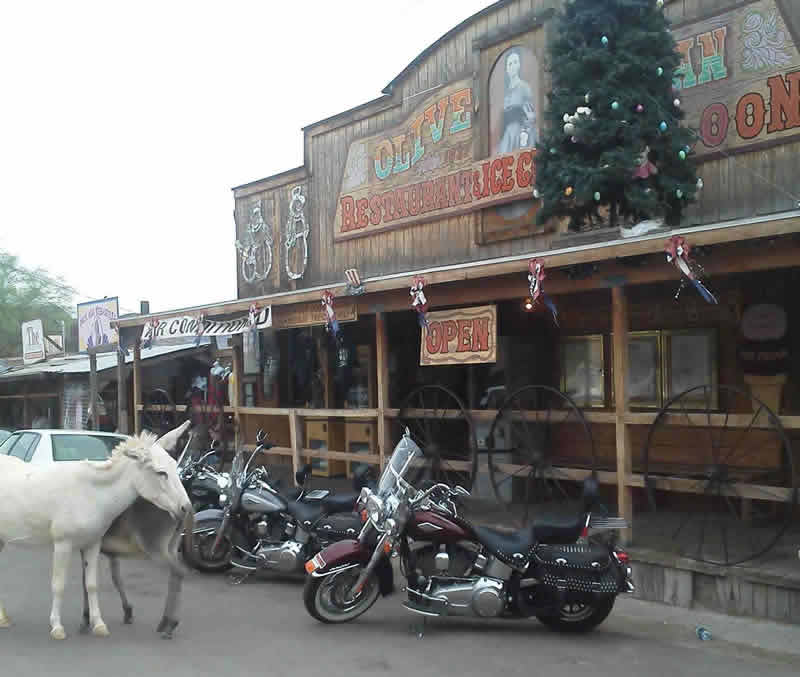 Motorcycles in Oatman, Arizona, on U.S. Route 66 ... along with local donkies Motorcycles in Oatman, Arizona, on U.S. Route 66 ... along with local donkies