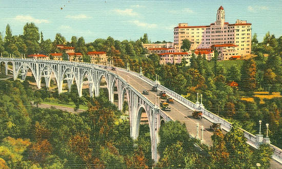 Vintage view of the  Arroyo-Seco Briidge, U.S. Highway 66, between Pasadena and Los Angeles, California Vintage view of the  Arroyo-Seco Briidge, U.S. Highway 66, between Pasadena and Los Angeles, California