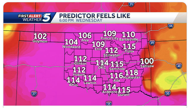 "Feels Like" temperatures for Oklahoma along Route 66, on June 24, 2024
