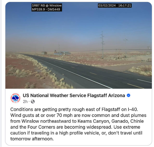 Always be alert for windy days, and dust storms, like this one along Route 66 on March 2, 2024